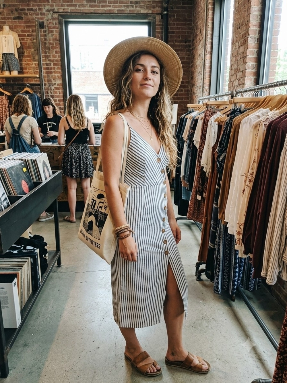 Urban Outfitters Gray and White Striped Button-Front Linen Midi Dress - Sz Small - Picture 2 of 6